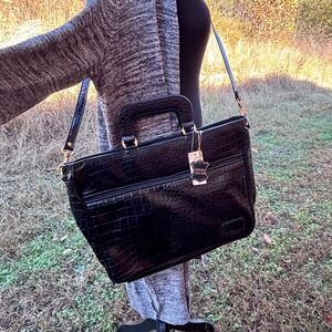 Vintage NWT Black alligator Genuine Leather Shoulder Handbag/wallet set zayres
